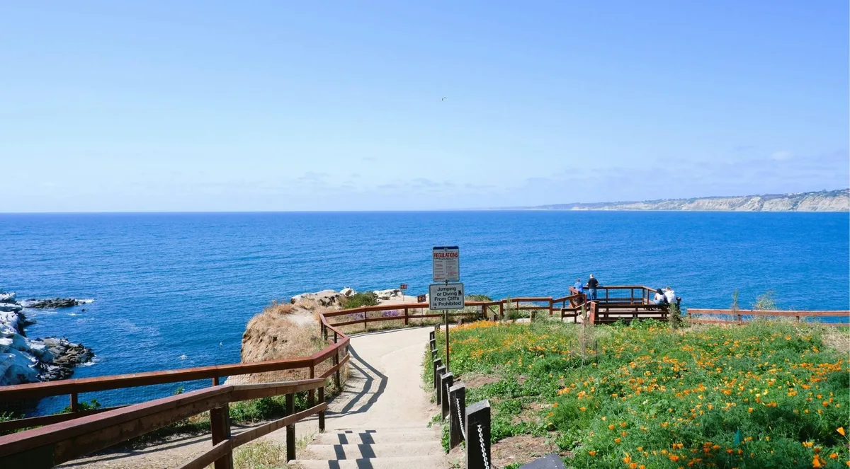 Railed clifftop path and overlook above blue water, California poppies on the slope, a posted regulations sign beside the steps